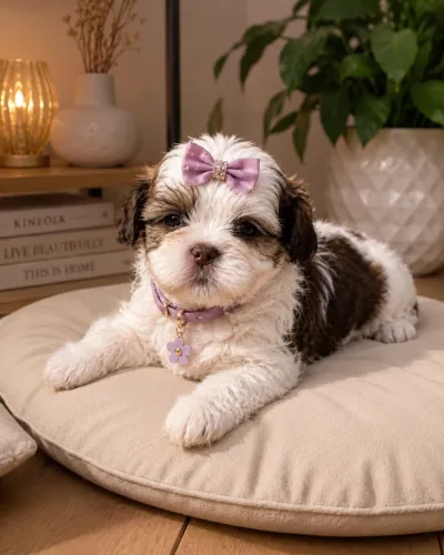 Uma encantadora filhote de Shih tzu fêmea linhagem chocolate