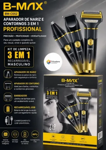 Máquina profissional 3 em 1 cabelo barba nariz recarregável BMC052