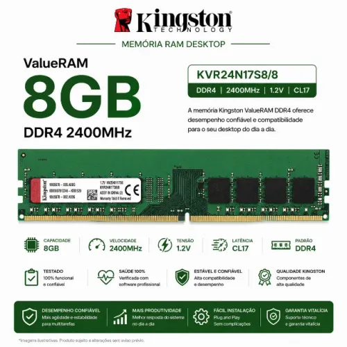 Memória RAM Kingston ValueRAM 8GB DDR4 2400MHz (KVR24N17S8/8)