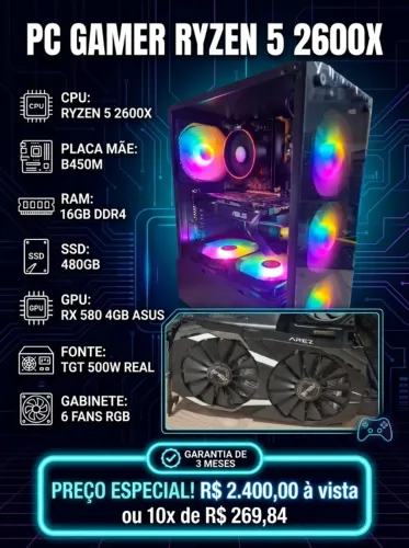 PC GAMER 2600x + 16GB + RX 580 + SSD 480GB