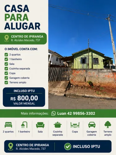 Alugo casa no centro de Ipiranga