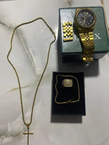 Kit relógio, cordão, pulseira e dedeira banhado