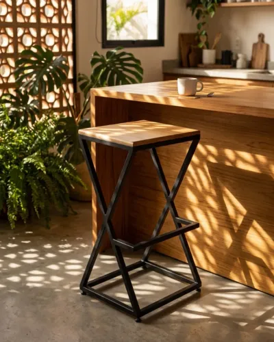Banqueta alta industrial sob medida com design geométrico para bancada
