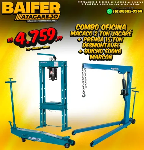 Macaco 2 Toneladas Jacaré + Prensa 15 Ton Desmontável + Guicho 500Kg Marcon