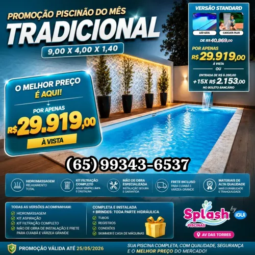 Piscina Tradicional 9,00 x 4,00 x 1,40 Completa e Instalada