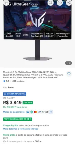 Monitor LG UltraGear OLED 27" 240Hz QHD ? 27GX704A-B