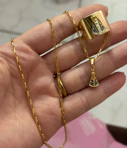 Anel e corrente de moeda banhada a ouro 