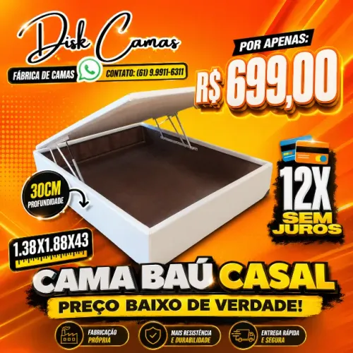 Cama Baú Casal (1.38x1.88x43) é perfeita para quem quer mais espaço e organização