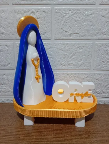 Kit Nsa. Senhora + Porta-Terços Dourado + Letreiro Ore e Confie Azul/Branco/Dourado