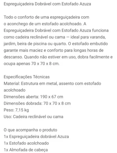Kit espreguiçadeira(cama) dobrável + puff 3 em 1