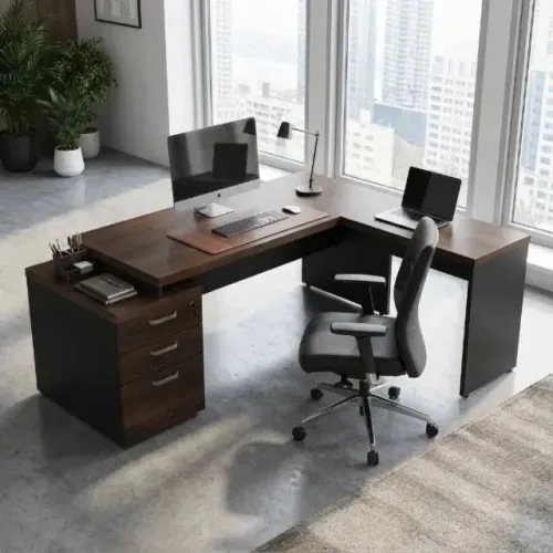 Mesa Em L Executiva Com Gaveteiro E Mesa Auxiliar Marsala Preto Corporativa 23484