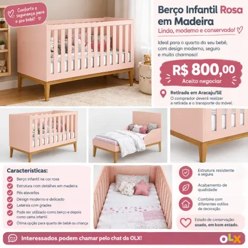 Berço Noah Rosa Fosco + Kit Berço | Seminovo