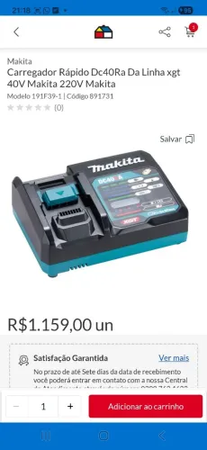 CARREGADOR MAKITA + BATERIA 40V 8.0 Ah.