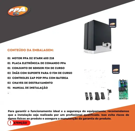 Kit Motor Portão Deslizante Ppa Dz Stark 600 1/3hp 500kg
