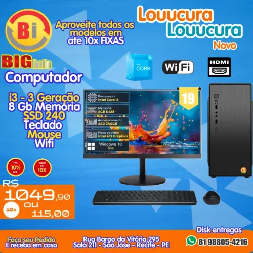 Computador Intel Core I3 8gb Ssd 240gb Wifi Monitor Led 19 Teclado Mouse - Em ate 10x Fixa