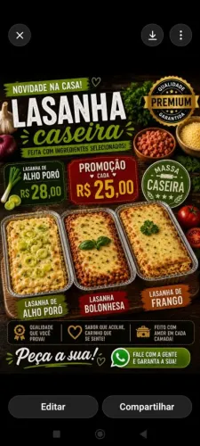Lasanha massa caseira congelada a pronta entrega.