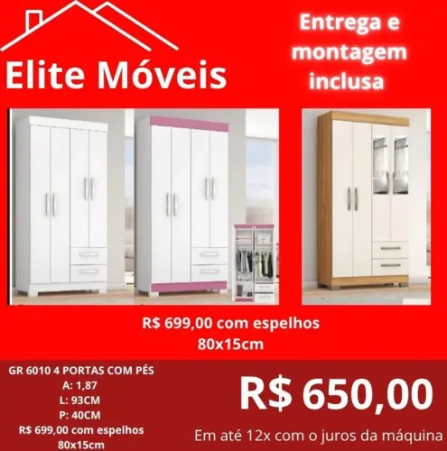 650,00 Com a montagem e a entrega guarda roupa novo na caixa com garantia de fabrica. 
