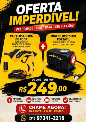 Kit Parafusadeira de Roda 12 V e Mini compressor 12V