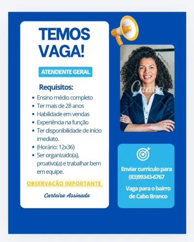 Vaga para atendente geral 12x36