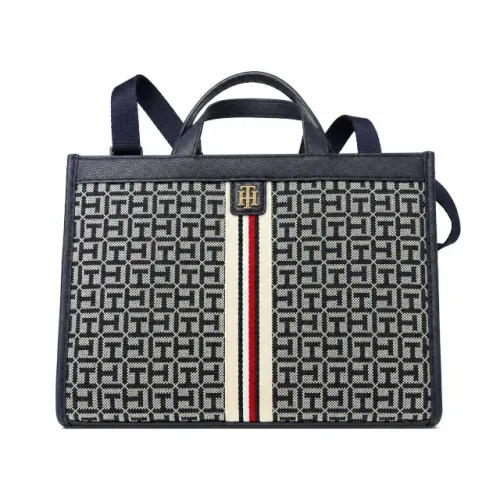 Bolsa Tommy Hilfiger Tote Monograma Azul Marinho e Creme - Nova