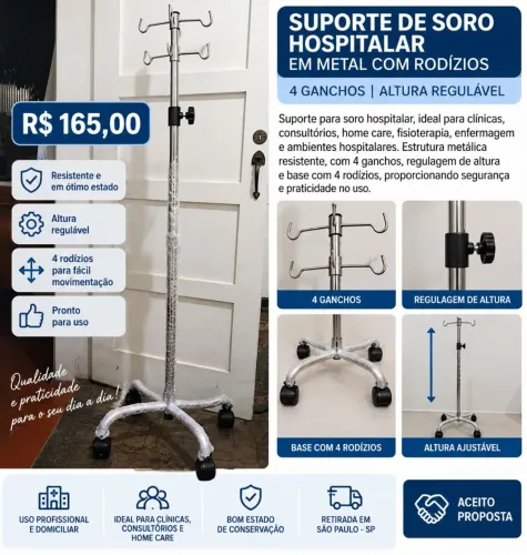 Suporte de Soro Hospitalar com Rodízios - 4 Ganchos - Ajustável