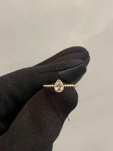 Anel ouro 18k lapidação pear aro granulado