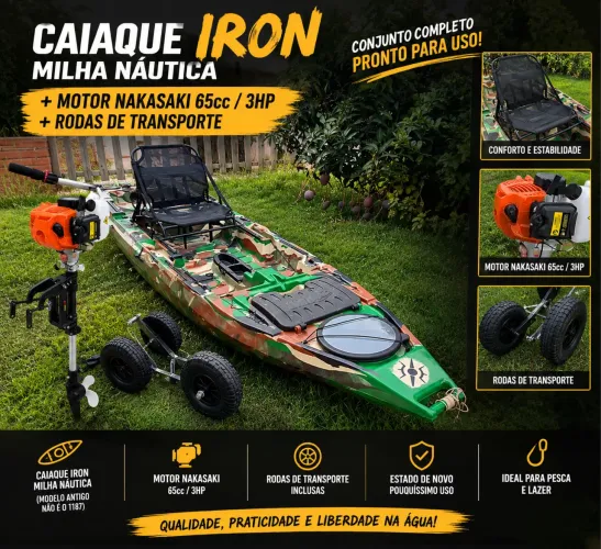 Caiaque Iron Milha Náutica + motor de popa 3hp Nakasaki