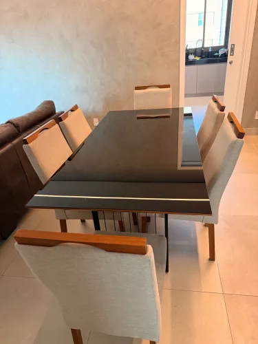 Conjunto Mesa de Jantar Moderna (Vidro Preto) + 6 Cadeiras Estofadas