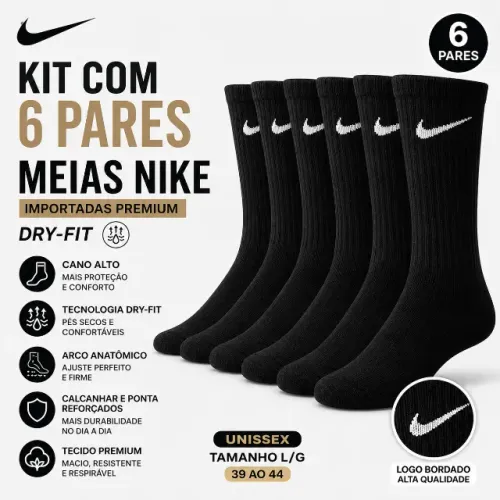 KIT MEIAS NIKE - 6 PARES - UNISSEX - TAMANHO 39A44 - MODELO: EVERYDAY CUSHIONED CREW SOCKS