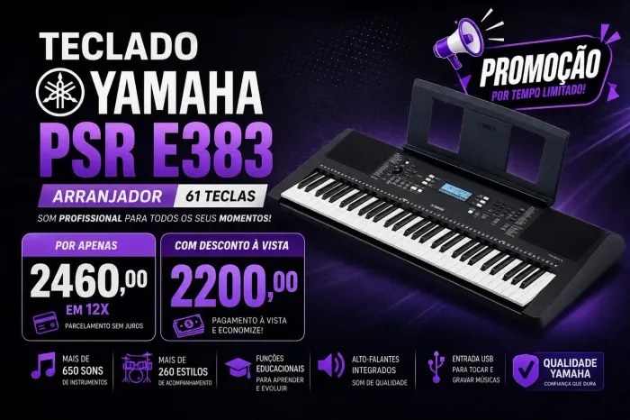 Teclado Yamaha psr e383 arranjador 61 teclas promoção
