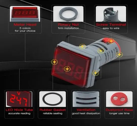 Voltímetro Quadrado Led Digital Medidor De Tensão 22Mm Ac 20-500V Vermelho  COD-CP565 