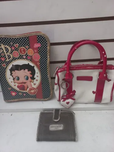 3 pç antigas betty boop 1 fichario, 1 bolsa,1 carteira 