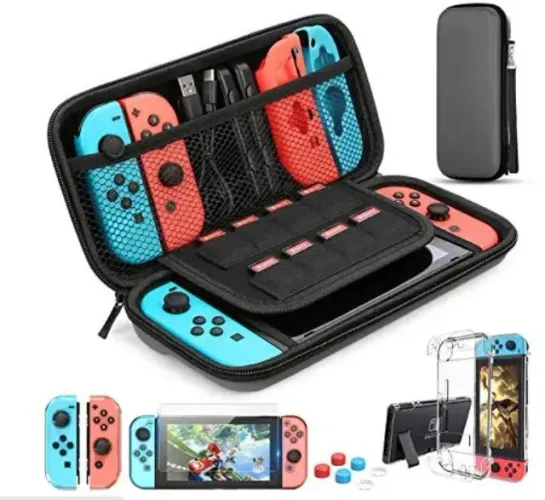 Bolsa de transporte (preta) para Nintendo Switch com case, película e grips