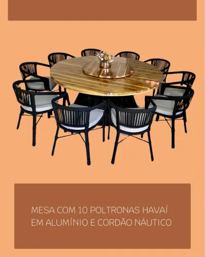 Mesa com 10 poltronas Havaí em Alumínio e Cordão Náutico