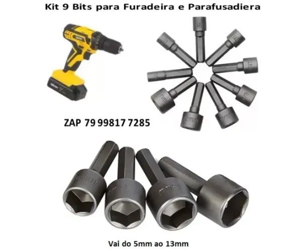 Jogo De Soquetes 9 peças Profissional Para Furadeira E Parafusadeira do 5 ao 13mm