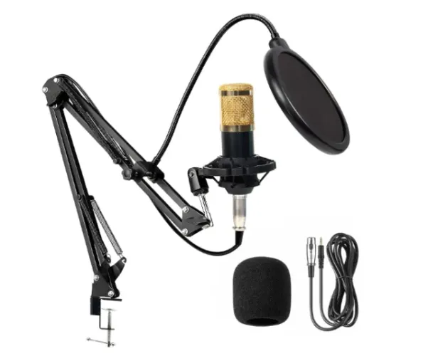 Microfone Condensador, Kit Microfone Condensador com Braço Articulado e Pop Filter para Tr