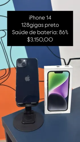 iPhone 14 / 128GB / Preto / Saúde de bateria 86% / R$ 3.150,00