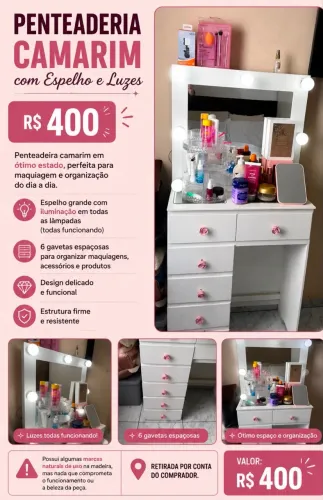 Penteadeira Camarim com Espelho e Luzes LED