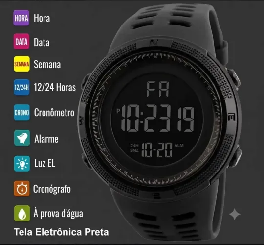 Relógio masculino militar digital 1251 preto com alarme