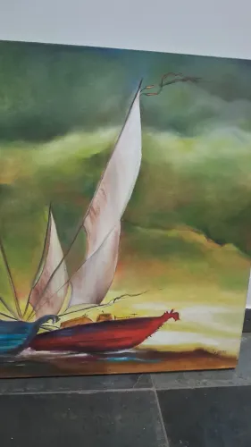 quadro  tela pintura a óleo sobre tela apresentando barcos com velas brancas em um