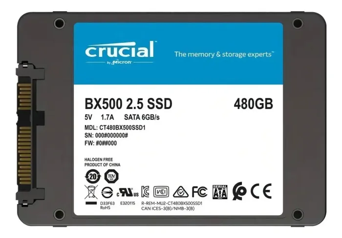 SSD SATA Crucial BX500, 480GB, Leitura 540 MB/s, Gravação 500 MB/s - CT480BX500SSD1