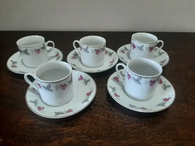 Lote Jogo 5 Xícaras De Café Com Pires Porcelana Chinesa Vintage Anos 70/80 Estado