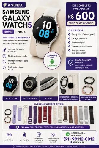 Samsung Galaxy Watch5 40mm + carregador + várias pulseiras | R$ 600