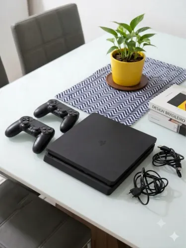 PS4 Slim 500GB + 2 Controles + 5 Jogos + Cabos Completos
