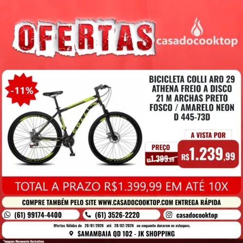 BICICLETA COLLI ARO 29 ATHENA FREIO A DISCO 21 MARCHAS PRETO FOSCO/AMARELO NEON D 445-73D