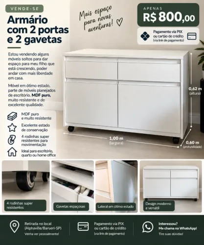 Cômoda de escritório/quarto com 2 gavetas e 2 portas branco em MDF puro com rodinhas