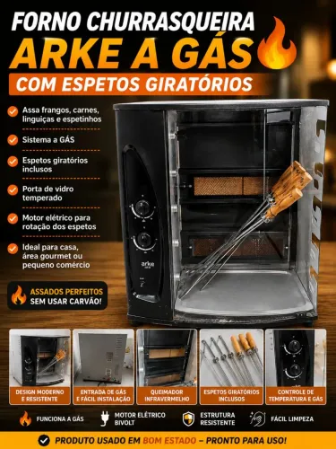 FORNO CHURRASQUEIRA A GÁS ARKE COM ESPETOS GIRATÓRIOS