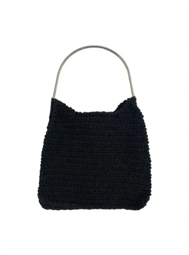 Bolsa Crochê Preta Alça Metal Prateada - Baguette Festa Y2K Minimalista