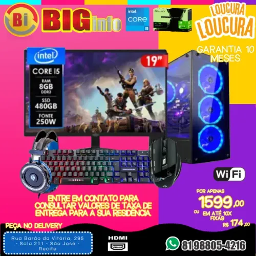 Computador  Intel I5, 8gb Ram, Ssd 480gb, Geforce Gt 730 4g Monitor Led 19 - Em ate 10x 