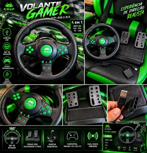? VOLANTE GAMER KNUP KP-5815A + PEDAL + CÂMBIO | USB